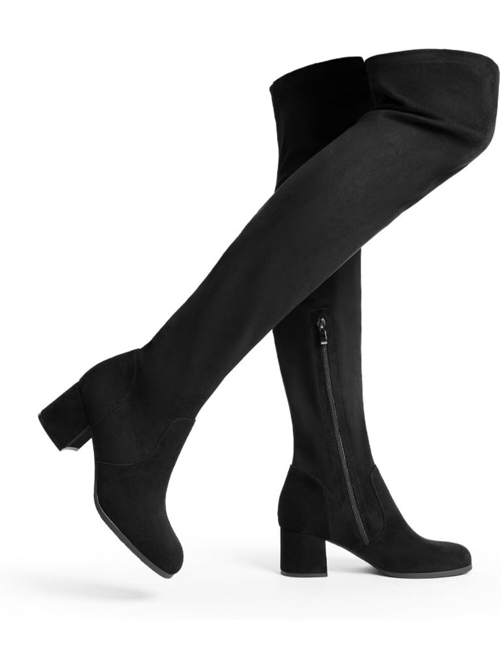 Women's Black Faux Suede Chunky Heel Round Toe Sexy Over the Knee High Boots